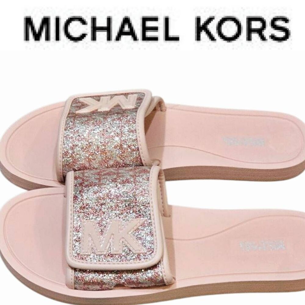 Michael Kors MK Logo Glitter Slide Sandals- Pink